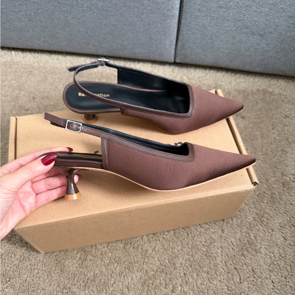 Reformation Walker Slingback Heels in Espresso Satin - Picture 10 of 12